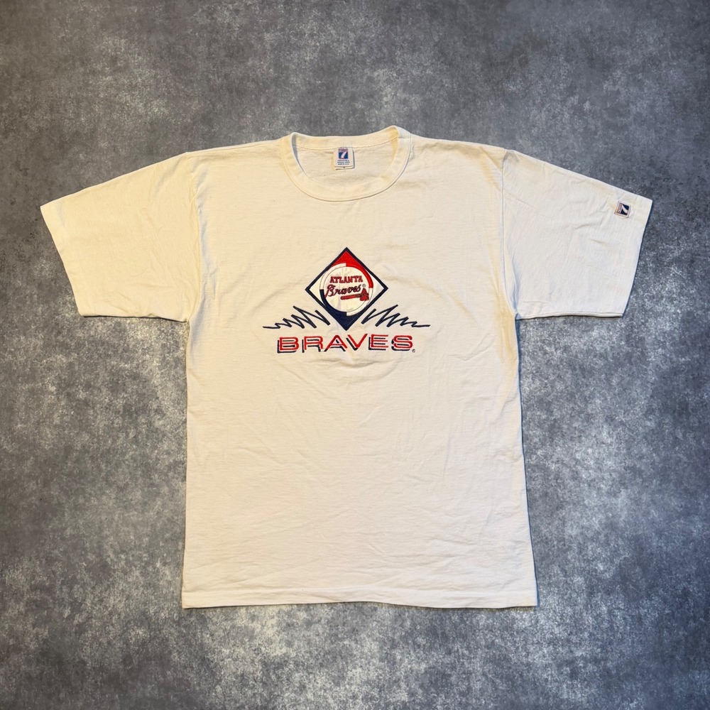 Vintage Logo 7 Atlanta Braves T Shirt Mens Medium White MLB Baseball Made in USA
